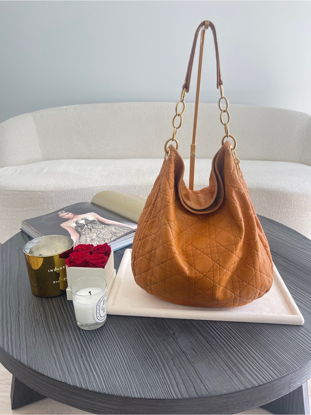Christian Dior Cannage Quilted Chain Tote Medium Caramel Leather Shoulder Bag